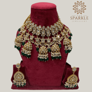 The Sparkle Jewellery green pearl drop jadau pachi kundan gold plated bridal necklace set with matching earrings