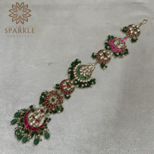 jadau pachi kundan hair braid jewellery emerald green bead drops ruby pink stones champagne white kundan ivory pearl detailing 18k gold plated the sparkle jewellery