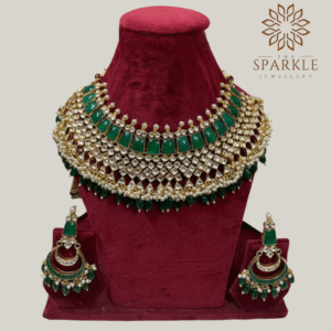 The Sparkle Jewellery emerald green pachi kundan jadau gold plated bridal necklace set with matching earrings
