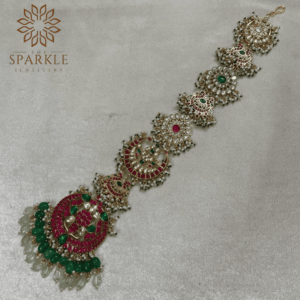 jadau pachi kundan hair braid jewellery ruby pink kundan emerald green stones forest green bead drops champagne white kundan 18k gold plated the sparkle jewellery