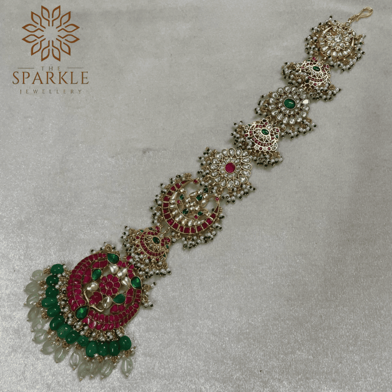 jadau pachi kundan hair braid jewellery ruby pink kundan emerald green stones forest green bead drops champagne white kundan 18k gold plated the sparkle jewellery