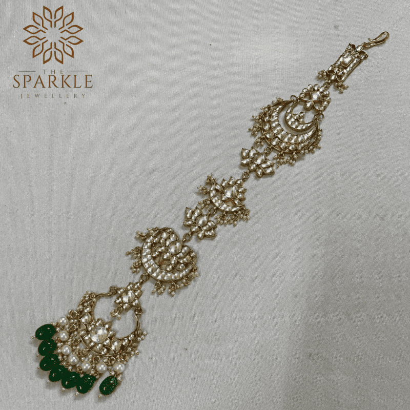 jadau kundan hair braid jewellery champagne white kundan stones pearl clusters emerald green bead drops 18k gold plated hair accessory the sparkle jewellery