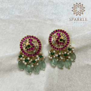 jadau pachi kundan gold plated earrings with mint green drops ruby pink stones luxury indian jewellery worldwide shipping