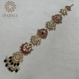 Ruby pink emerald green black bead drop Jadau Pachi Kundan 18K gold plated hair braid Indian South Asian Punjabi hair accessory by The Sparkle Jewellery