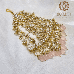 Gold plated Jadau Kundan Passa hair accessory with blush pink gemstone drops traditional Indian jewellery by The Sparkle Jewellery