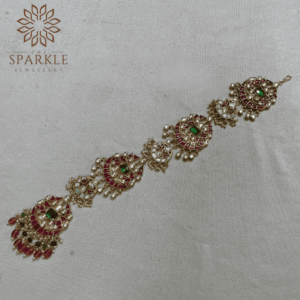 Ruby pink emerald green pearl drop Jadau Pachi Kundan 18K gold plated hair braid Indian South Asian Punjabi hair accessory by The Sparkle Jewellery