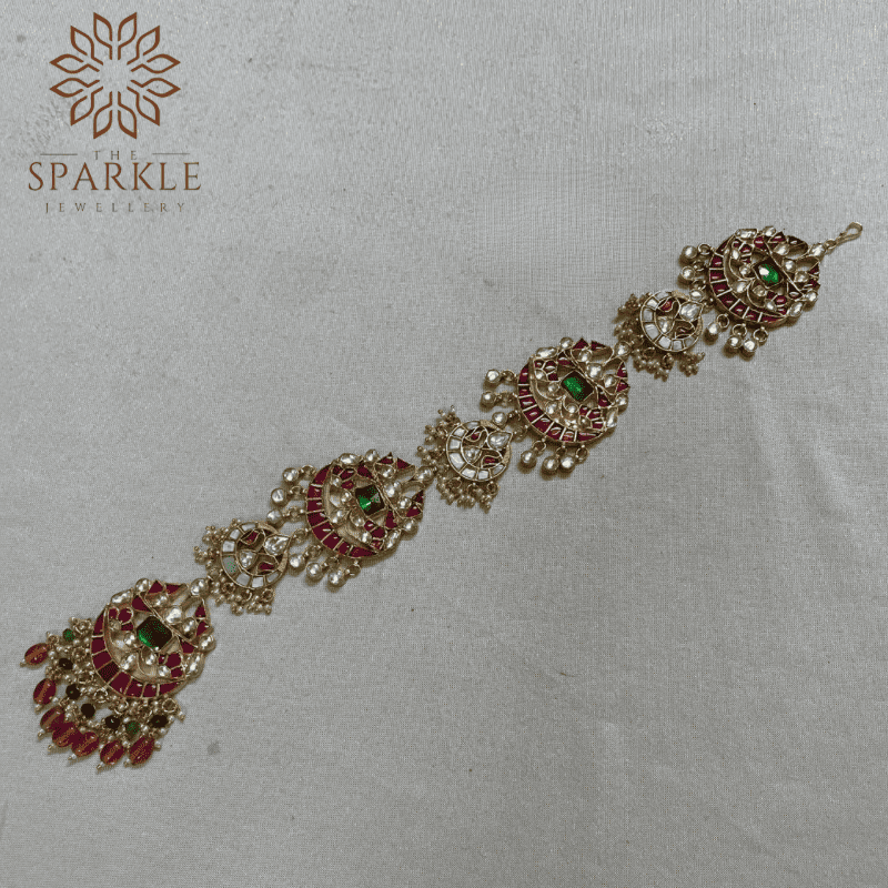 Ruby pink emerald green pearl drop Jadau Pachi Kundan 18K gold plated hair braid Indian South Asian Punjabi hair accessory by The Sparkle Jewellery