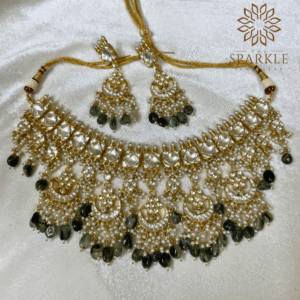 The Sparkle Jewellery green beads jadau kundan choker necklace set with earrings 18k gold plated
