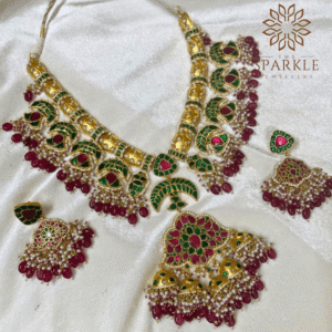 The Sparkle Jewellery green ruby jadau kundan bridal necklace set 18k gold plated with earrings and pendant