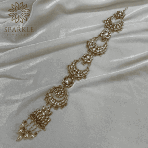 White color Jadau Pachi Kundan 18K gold plated hair braid with white pearl drops South Indian Punjabi Indian hair accessory by The Sparkle Jewellery