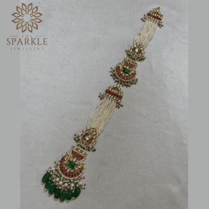 jadau pachi kundan hair braid jewellery champagne white kundan emerald green stone pearl strands green bead drops 18k gold plated hair accessories the sparkle jewellery