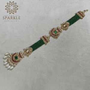 Emerald green beaded Jadau Pachi Kundan 18K gold plated hair braid with pearl drops Indian South Asian Punjabi hair accessory by The Sparkle Jewellery
