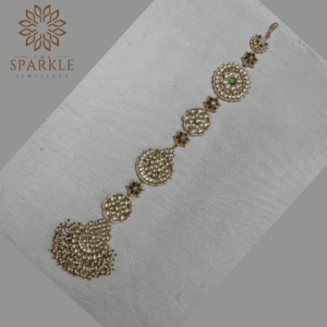 Gold plated white kundan Jadau Pachi hair braid with emerald green center stone and pearl drops South Indian Punjabi Indian hair accessory by The Sparkle Jewellery