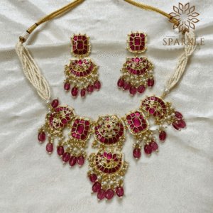 jadau pachi kundan 18k gold plated choker necklace set with ruby pink drops luxury indian jewellery worldwide shipping