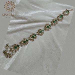 Emerald green Jadau Pachi Kundan 18K gold plated hair braid with ivory white pearl drops South Indian Punjabi Indian hair accessory by The Sparkle Jewellery