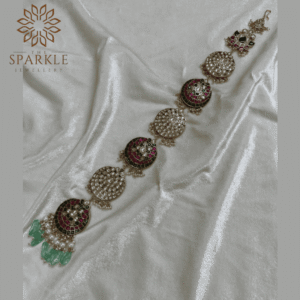 Ruby Pink White Emerald Green Jadau Pachi Kundan Hair Braid | The Sparkle Jewellery