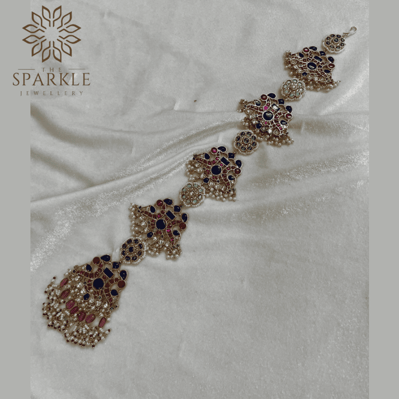 Ruby pink royal blue Jadau Pachi Kundan 18K gold plated hair braid with pearl drops South Indian Punjabi Indian hair accessory by The Sparkle Jewellery