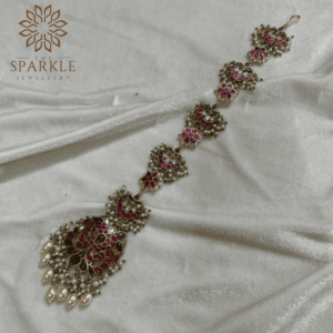 Ruby pink floral Jadau Pachi Kundan 18K gold plated hair braid with pearl drops South Indian Punjabi Indian hair accessory by The Sparkle Jewellery