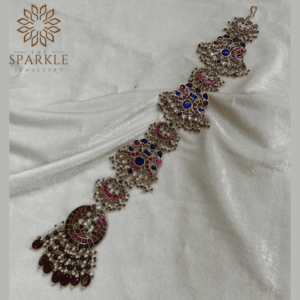 Ruby Pink Royal Blue Jadau Pachi Kundan Gold Plated Hair Braid | The Sparkle Jewellery