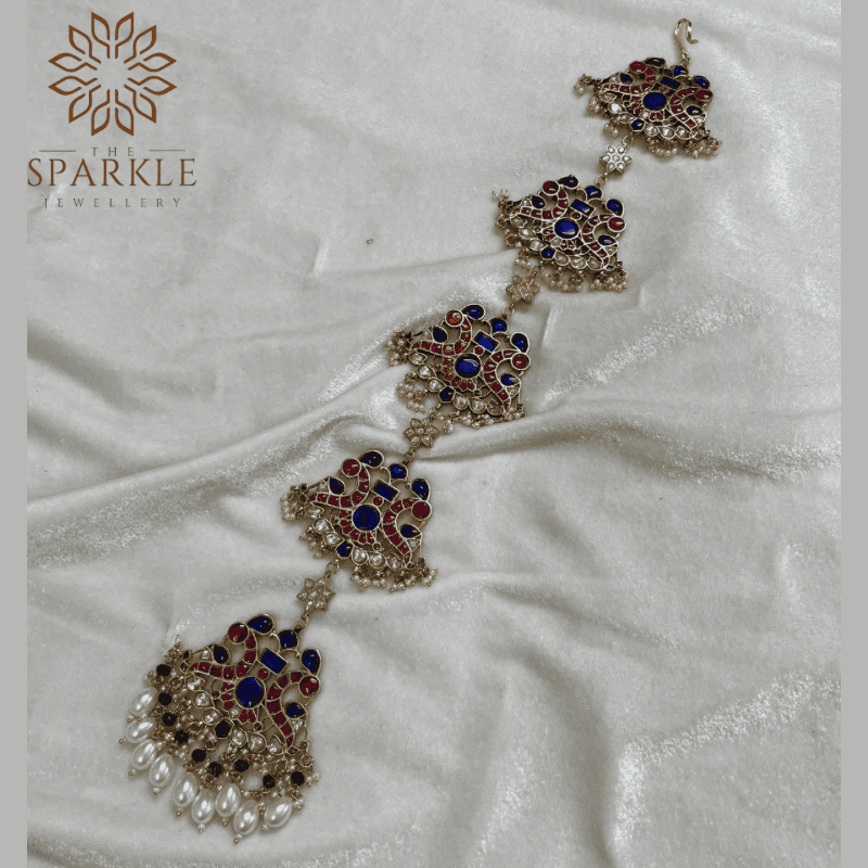 ruby red sapphire blue jadau pachi kundan hair braid gold plated pearl drop hair accessory the sparkle jewellery