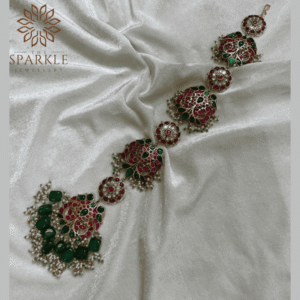 ruby pink emerald green jadau pachi kundan hair braid gold plated green drops pearl hair accessory the sparkle jewellery