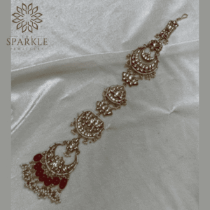 Gold plated red stone Jadau Pachi Kundan hair braid with pearl drops South Indian Punjabi traditional Indian hair accessory by The Sparkle Jewellery