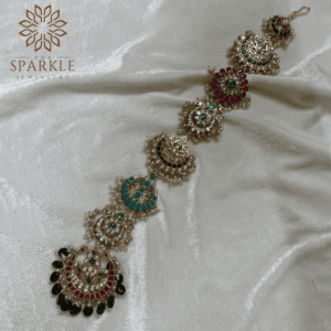 Multicolor Jadau Pachi Kundan 18K gold plated hair braid with black bead drops Indian South Asian Punjabi hair accessory by The Sparkle Jewellery