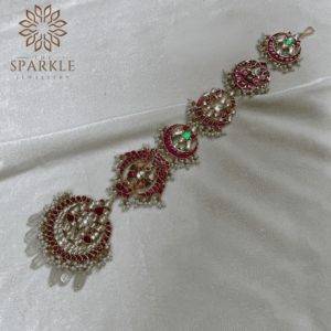 ruby pink emerald green jadau pachi kundan hair braid accessory gold plated pearl drop hair jewellery the sparkle jewellery