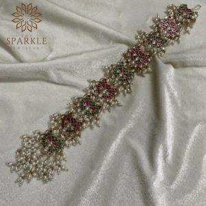 Gold plated ruby pink emerald green Jadau Pachi Kundan hair braid with pearl drops South Indian Punjabi Indian hair accessory by The Sparkle Jewellery