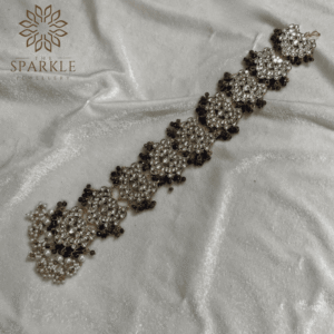 Gold plated white kundan black beaded Jadau Pachi Kundan hair braid with pearl drops South Indian Punjabi Indian hair accessory by The Sparkle Jewellery