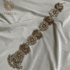 Gold plated white kundan Jadau Pachi hair braid with pearl drops South Indian Punjabi Indian hair accessory by The Sparkle Jewellery