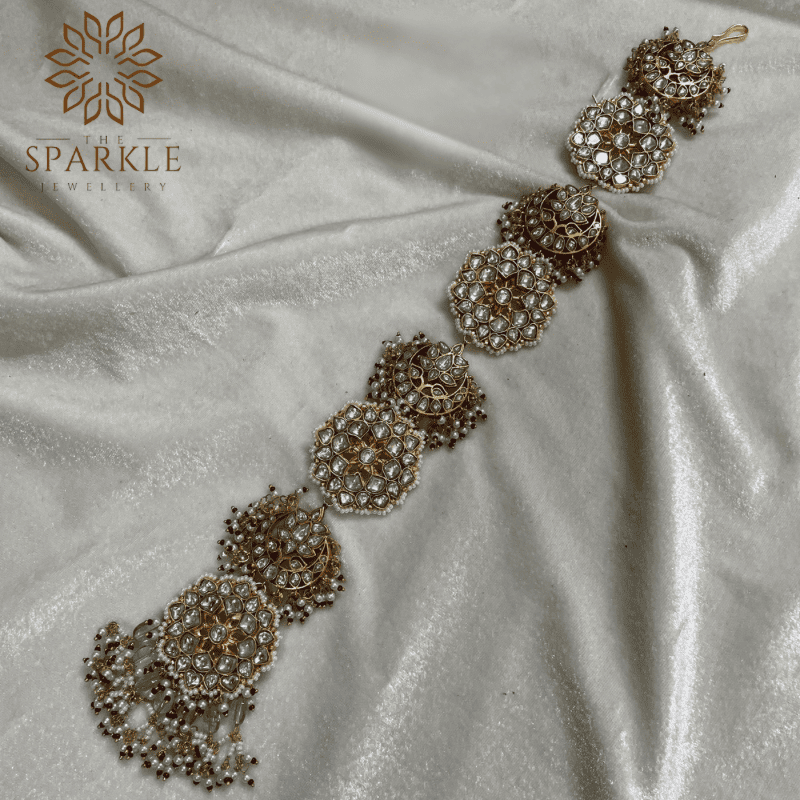 Gold plated white kundan Jadau Pachi hair braid with pearl drops South Indian Punjabi Indian hair accessory by The Sparkle Jewellery