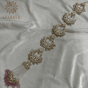 Gold plated white kundan Jadau Pachi hair braid with maroon bead and pearl drops South Indian Punjabi Indian hair accessory by The Sparkle Jewellery