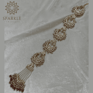 Gold plated white kundan Jadau Pachi hair braid with maroon bead and pearl drops South Indian Punjabi Indian hair accessory by The Sparkle Jewellery