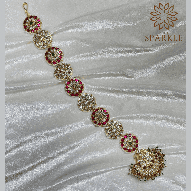Ruby pink ivory white Jadau Pachi Kundan 18K gold plated hair braid Indian South Asian Punjabi hair accessory by The Sparkle Jewellery