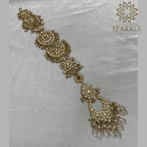 Ivory drop Jadau Pachi Kundan 18K gold plated hair braid jewellery with white kundan stones by The Sparkle Jewellery