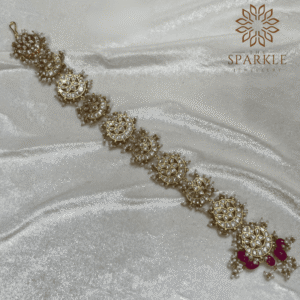 Ruby Maroon Pearl Drop Jadau Pachi Kundan 18K Gold Plated Hair Braid | The Sparkle Jewellery