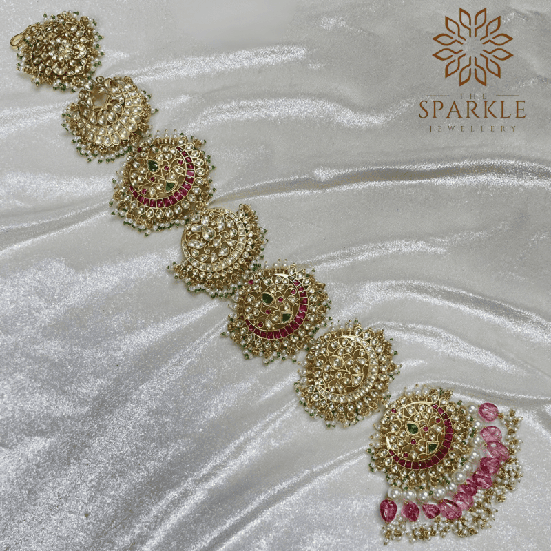 Ruby Pink Emerald Green Pearl Jadau Pachi Kundan 18K Gold Plated Hair Braid | The Sparkle Jewellery