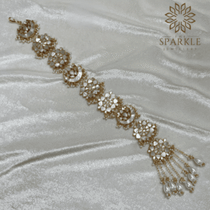 Gold plated Mother of Pearl Jadau hair braid with pearl drops South Indian Punjabi traditional Indian hair accessory by The Sparkle Jewellery