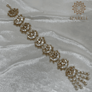 Gold plated Mother of Pearl crescent Jadau hair braid with pearl drops South Indian Punjabi traditional Indian hair accessory by The Sparkle Jewellery