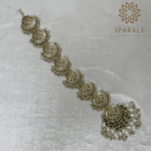 Ivory White Pearl Emerald Green Jadau Pachi Kundan 18K Gold Plated Hair Braid | The Sparkle Jewellery