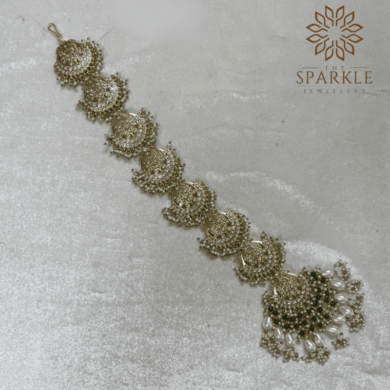 Ivory White Pearl Emerald Green Jadau Pachi Kundan 18K Gold Plated Hair Braid | The Sparkle Jewellery