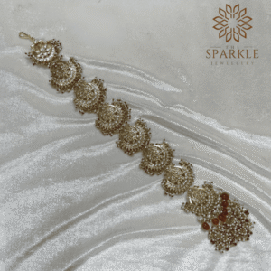 Gold plated white kundan Jadau Pachi hair braid with champagne bead drops and pearl detailing South Indian Punjabi Indian hair accessory by The Sparkle Jewellery