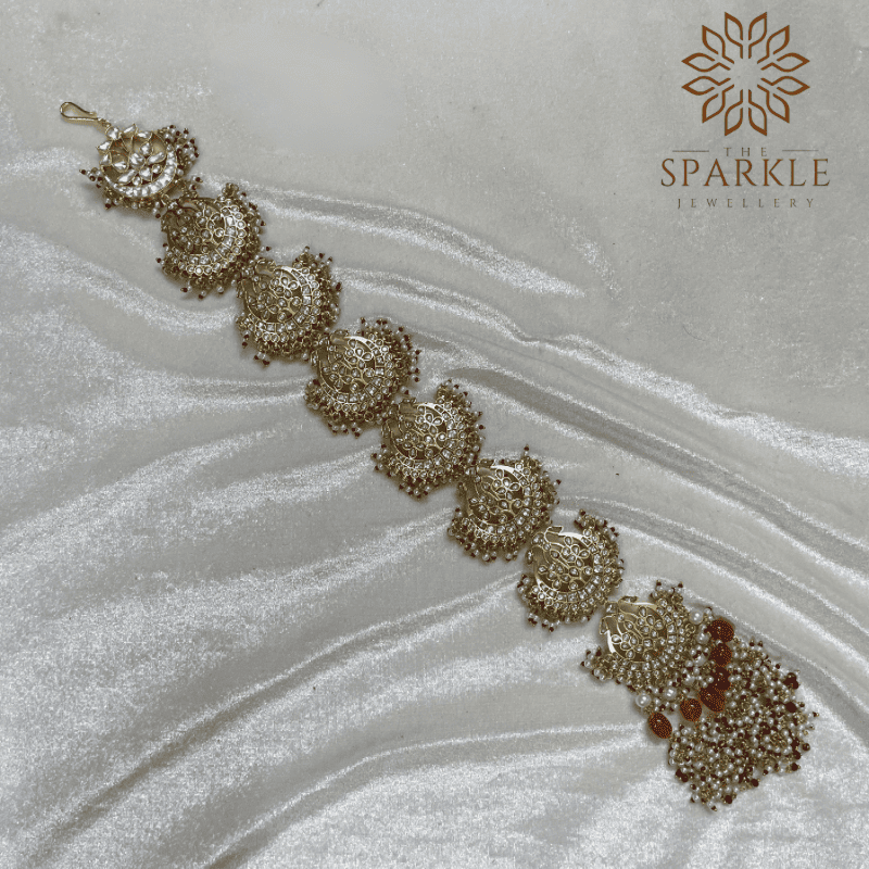 Gold plated white kundan Jadau Pachi hair braid with champagne bead drops and pearl detailing South Indian Punjabi Indian hair accessory by The Sparkle Jewellery
