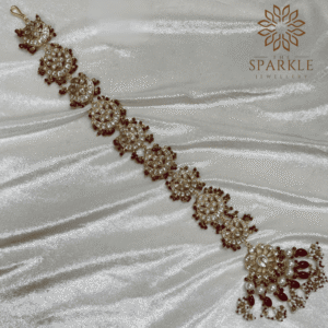 Gold plated white kundan Jadau Pachi hair braid with maroon bead and pearl drops South Indian Punjabi Indian hair accessory by The Sparkle Jewellery