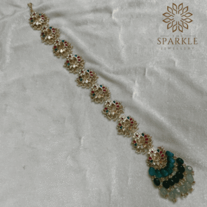 Multicolor Jadau Pachi Kundan 18K gold plated hair braid with teal green bead drops Indian South Asian Punjabi hair accessory by The Sparkle Jewellery
