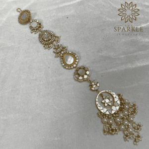 White Mother of Pearl Jadau Kundan 18K gold plated hair braid jewellery with pearl drops by The Sparkle Jewellery