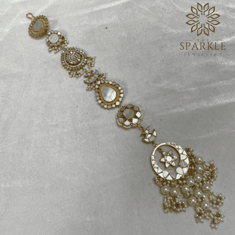 White Mother of Pearl Jadau Kundan 18K gold plated hair braid jewellery with pearl drops by The Sparkle Jewellery