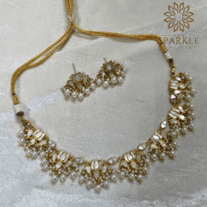 mother of pearl mop lotus necklace set 18k gold plated with pearl drops luxury indian jewellery worldwide shipping