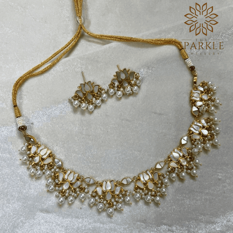 mother of pearl mop lotus necklace set 18k gold plated with pearl drops luxury indian jewellery worldwide shipping
